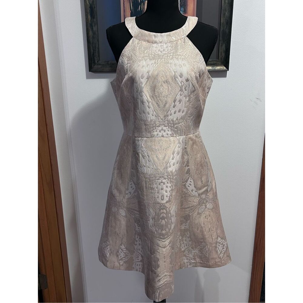 Adrianna Papell Dress Halter Neck Jacquard Metallic Fit & Flare Size 8
